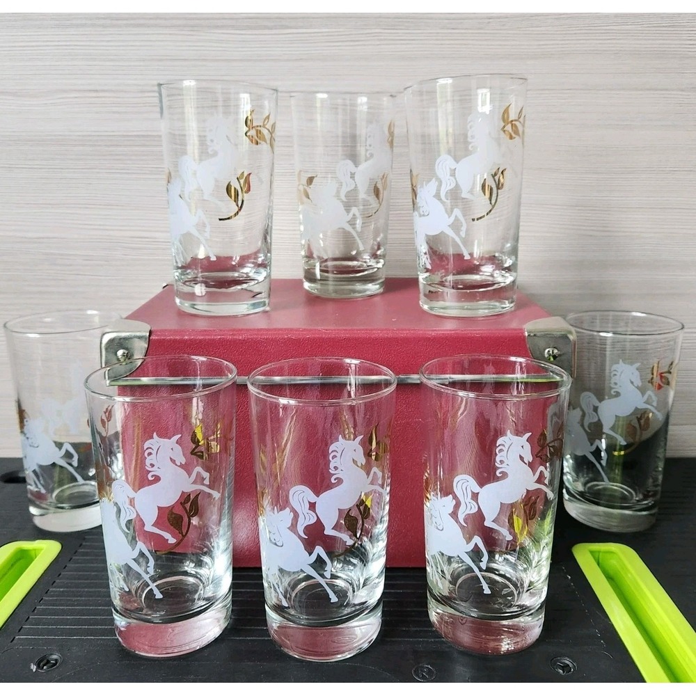 Vintage MCM‎ Libbey Prancing Colts Frosted Highball Glass Set of 8 Barware Gold
